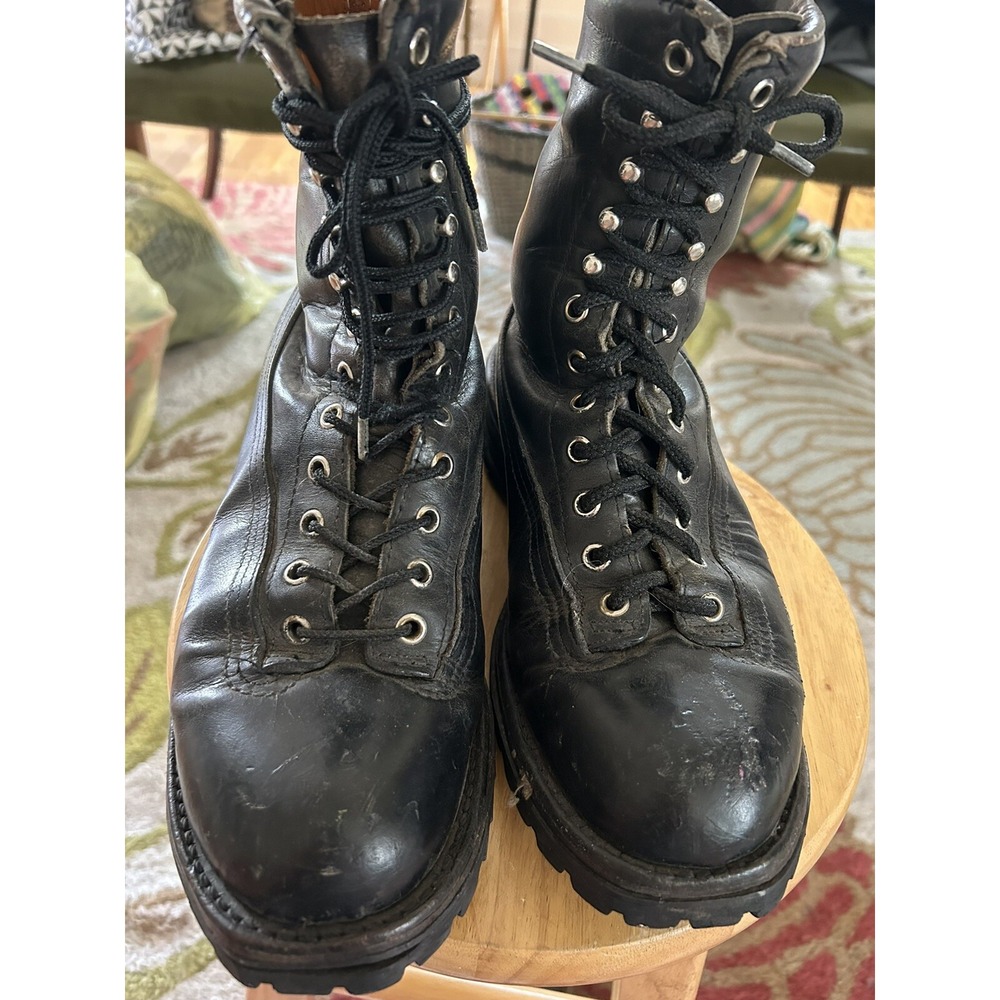 Linesman Logger Mens 10 Black Leather Lace Up Lineman Vtg Steel Toe Work Boot